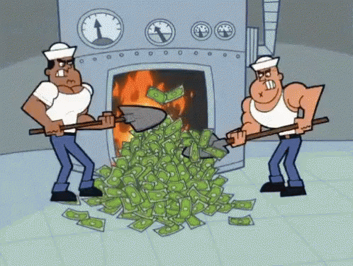 Cartoon workers shoveling a pile of cash into a blazing industrial furnace.